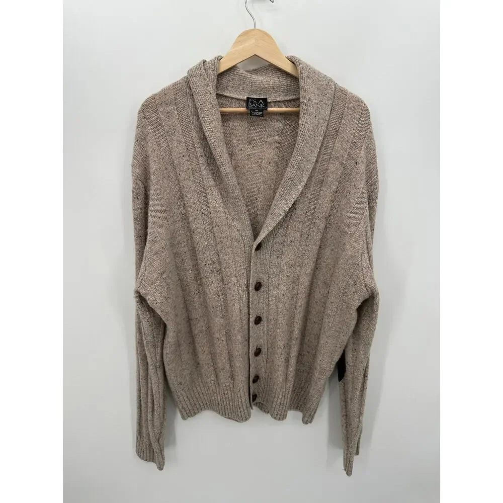Jos A Bank Cardigan Sweater Shawl Collar Men XL Brown Lambswool Heritage Elbow‎